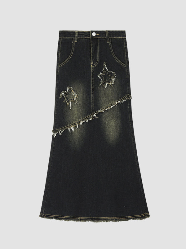 WLS Raw Edge Retro Fishtail Denim Skirt