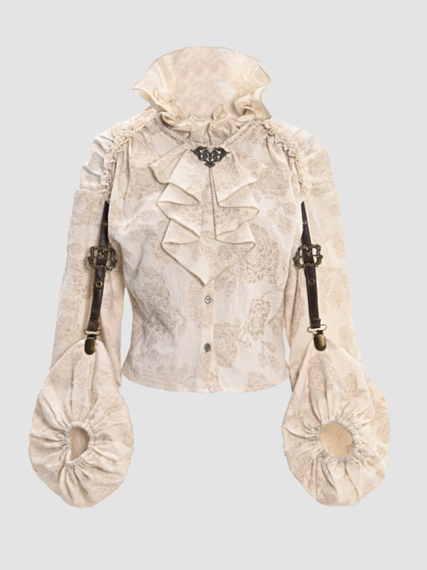 WLS Steampunk Stand Collar Ruffled  Linen Shirt