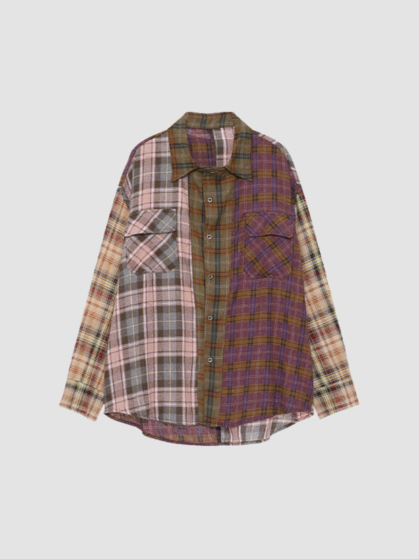 WLS Irregular Splicing Loose Retro Plaid Shirt